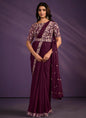Wine Crepe Satin Silk Embroidered Saree With Stitched Blouse - Mohmanthan Exotica