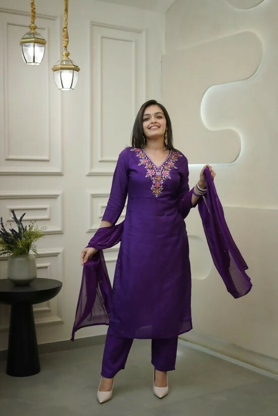 The52 Purple Women's Gorgeous Vichitra Fabric Embroidered Work Straight Kurta Pant and Dupatta Set