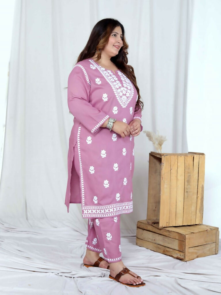 Miravan Women's Plus Size Chikankari Embroidery Pink Straight Kurta And Palazzo Set