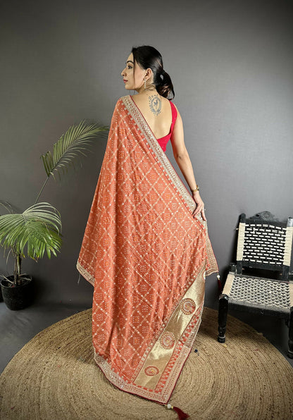 Joban Fashion Peach Bandhej Bandhani Vichitra Silk Bandhani Prints Saree
