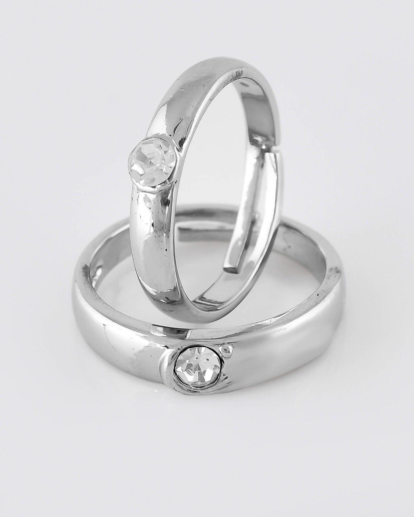 VOJ Stainless Steel Cubic Zirconia Silver Plated Adjustable Ring Set for Couple