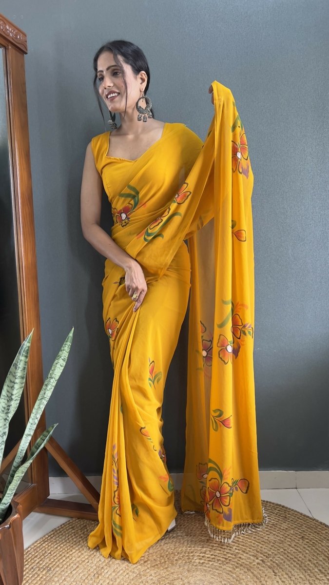 Aayaa Designer 1 min Hand Painted Ready to Wear saree - Mustard Yellow