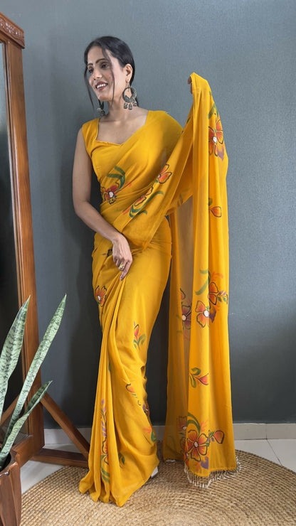 Aayaa Designer 1 min Hand Painted Ready to Wear saree - Mustard Yellow