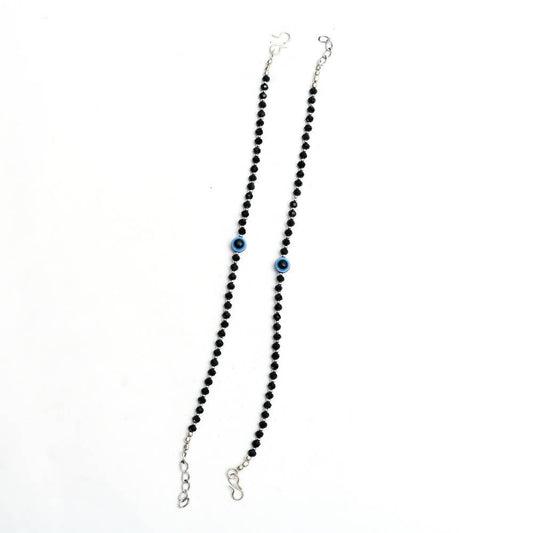 Mominos Fashion Kamal Johar Nazariya Silver With Black Crystals Anklets