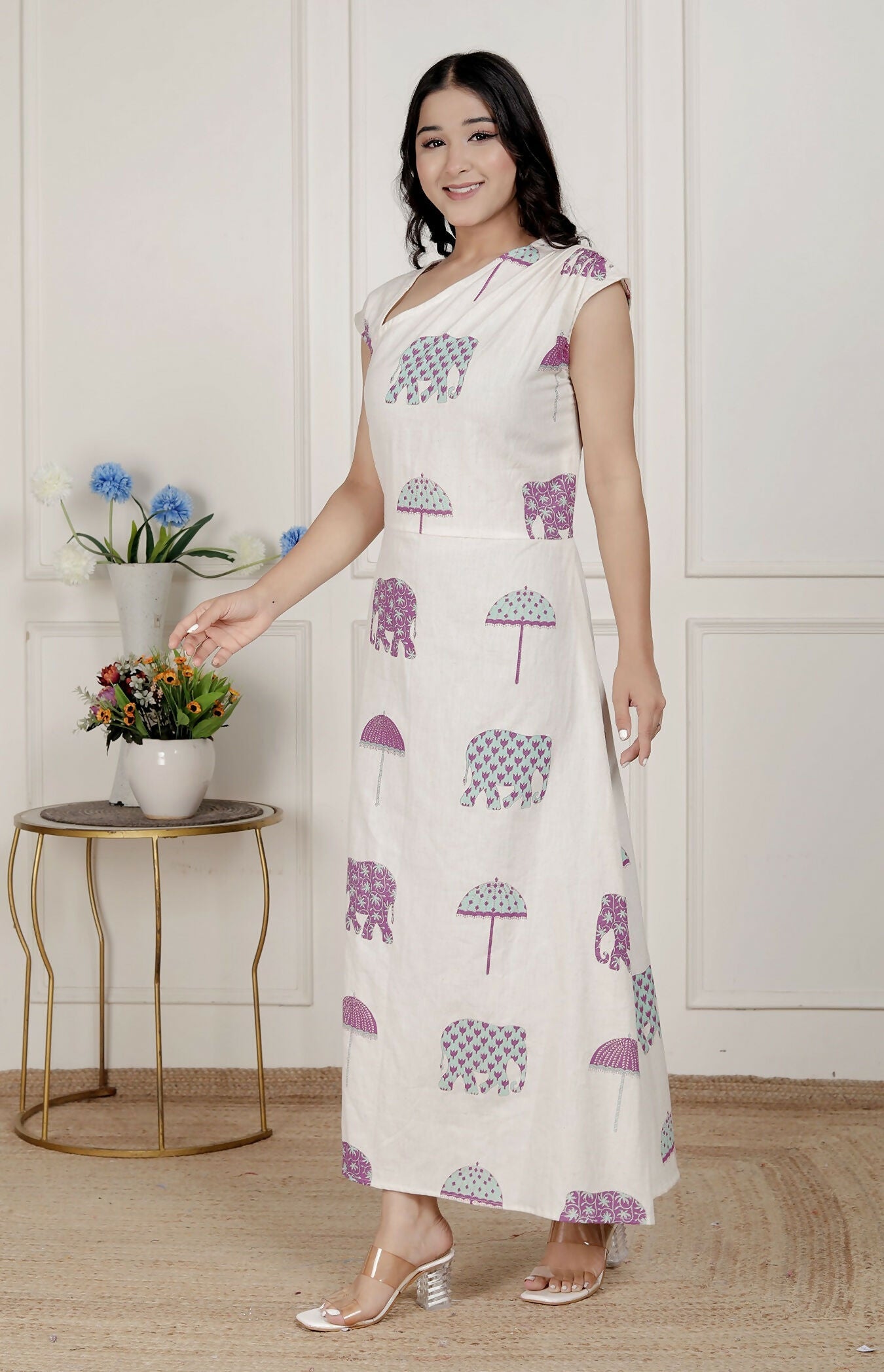 Miravan Womens Off-White Animal Printed Asymmetric Neck A-Line Maxi Dress