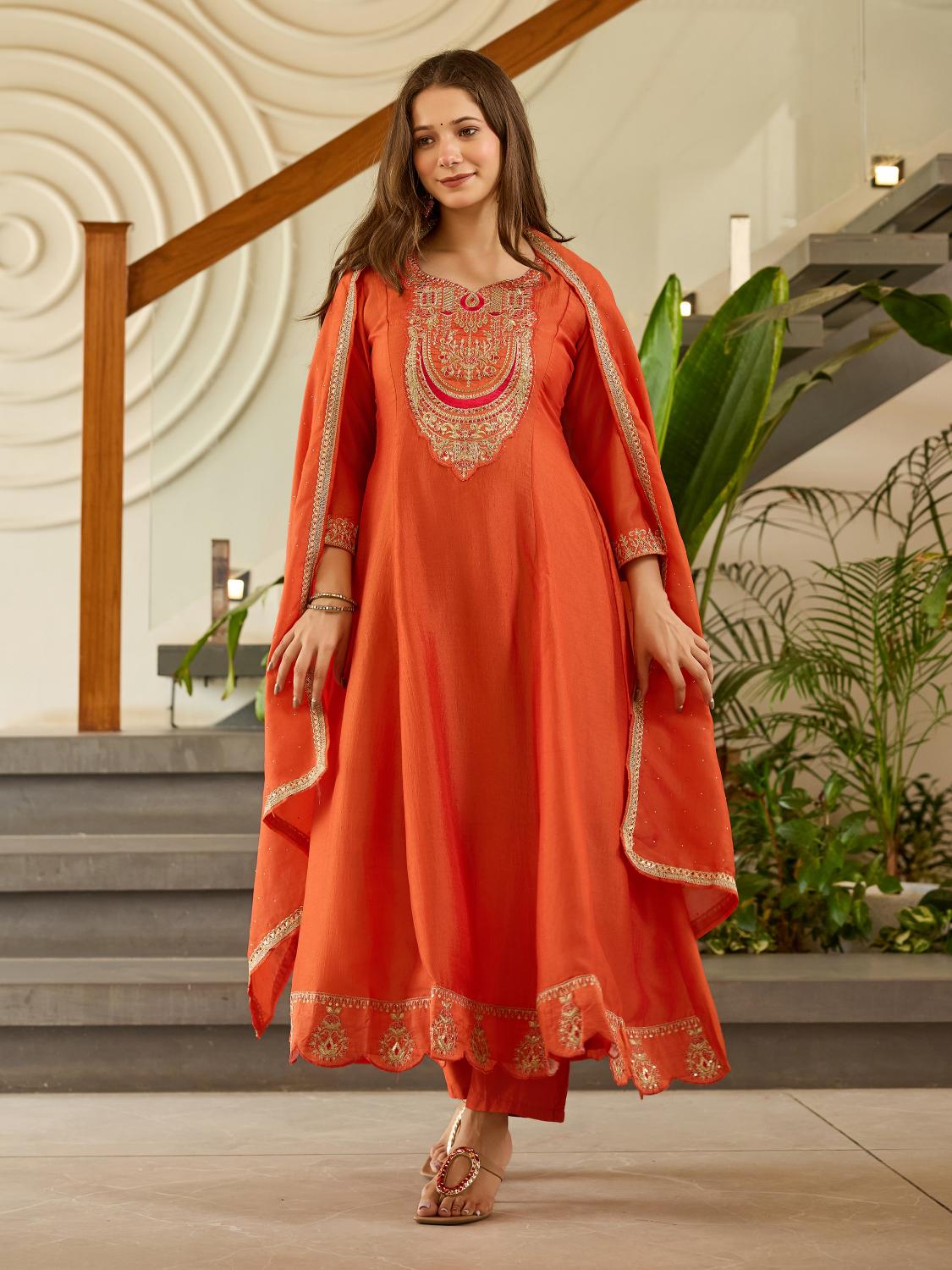 The52 Women's Gorgeous Embroidery Vichitra Silk Fabric Flared Kurta, Pant and Dupatta Set