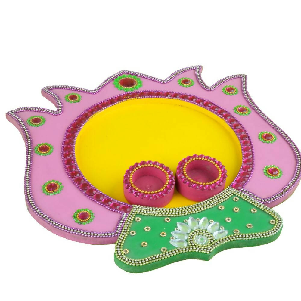 Kundan HandiKrafts Mdf Lotus Pooja Thalis - Baby Pink