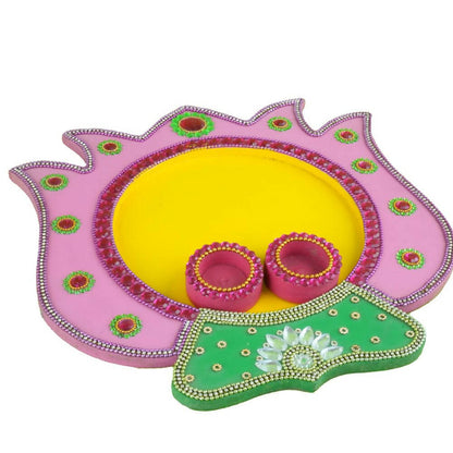 Kundan HandiKrafts Mdf Lotus Pooja Thalis - Baby Pink