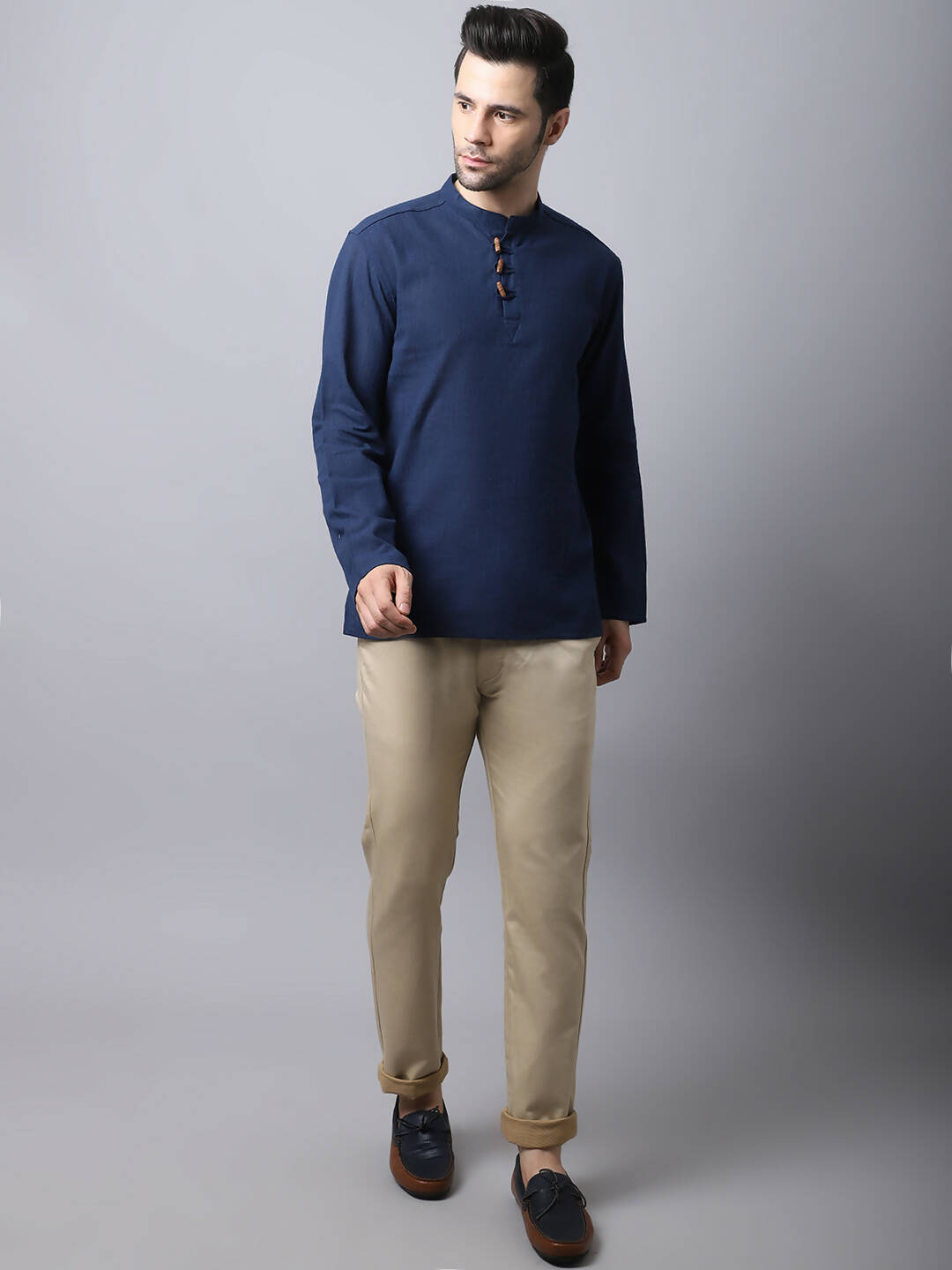 Even Apparels Navy Pure Cotton Men's Kurta With Band Collar