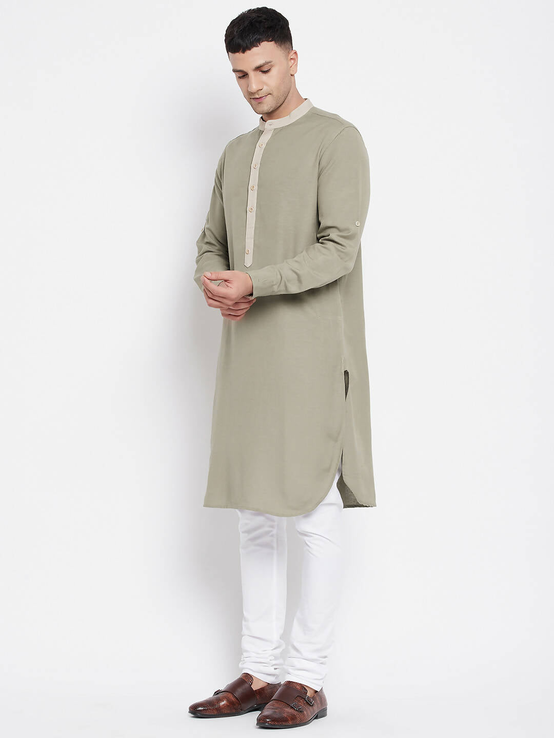 Even Apparels Green Pure Cotton Men's Kurta With Contrast Collar And Placket