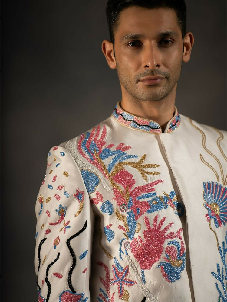Off White Aqua Hand Embroideried Indowestern Sherwani by Hilo Design
