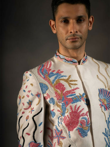 Off White Aqua Hand Embroideried Indowestern Sherwani by Hilo Design