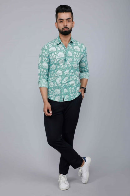 Miravan Men's Cotton Green Floral Printed Slim Fit Shirt