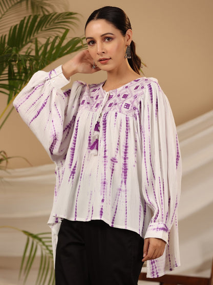Juniper Women's Lavender Mirror Embroidered Rayon Crepe Tie-Dye Tunic With Tassels