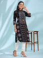 Juniper Women's Black Ethnic Motif Printed Rayon Calf Length Straight Kurta With Kaudis Kantha Work & Sequins