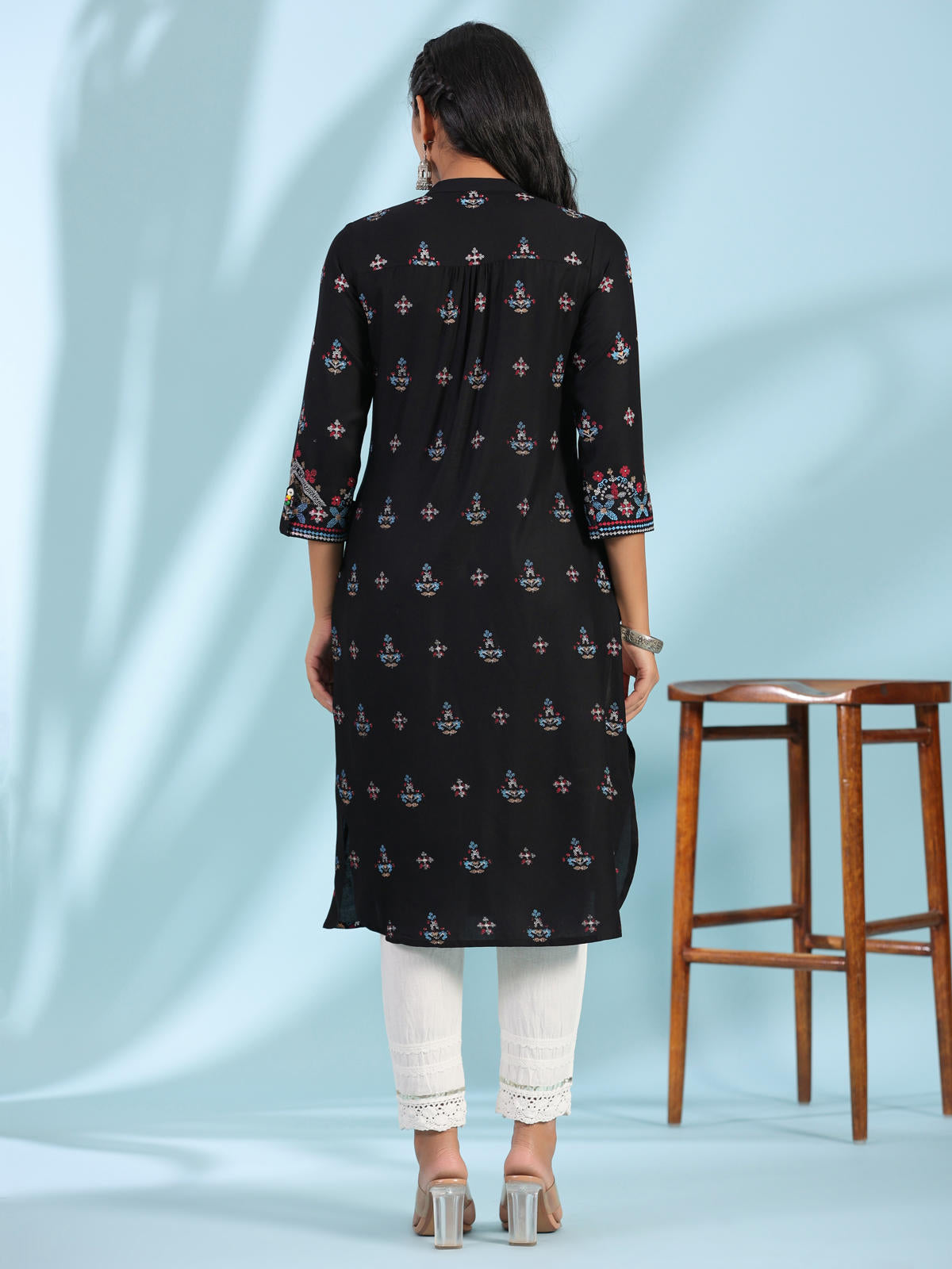 Juniper Women's Black Ethnic Motif Printed Rayon Calf Length Straight Kurta With Kaudis Kantha Work & Sequins