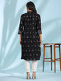 Juniper Women's Black Ethnic Motif Printed Rayon Calf Length Straight Kurta With Kaudis Kantha Work & Sequins