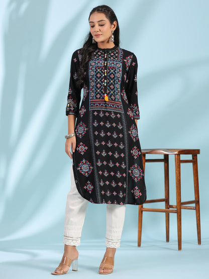 Juniper Women's Black Ethnic Motif Printed Rayon Calf Length Straight Kurta With Kaudis Kantha Work & Sequins