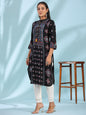 Juniper Women's Black Ethnic Motif Printed Rayon Calf Length Straight Kurta With Kaudis Kantha Work & Sequins
