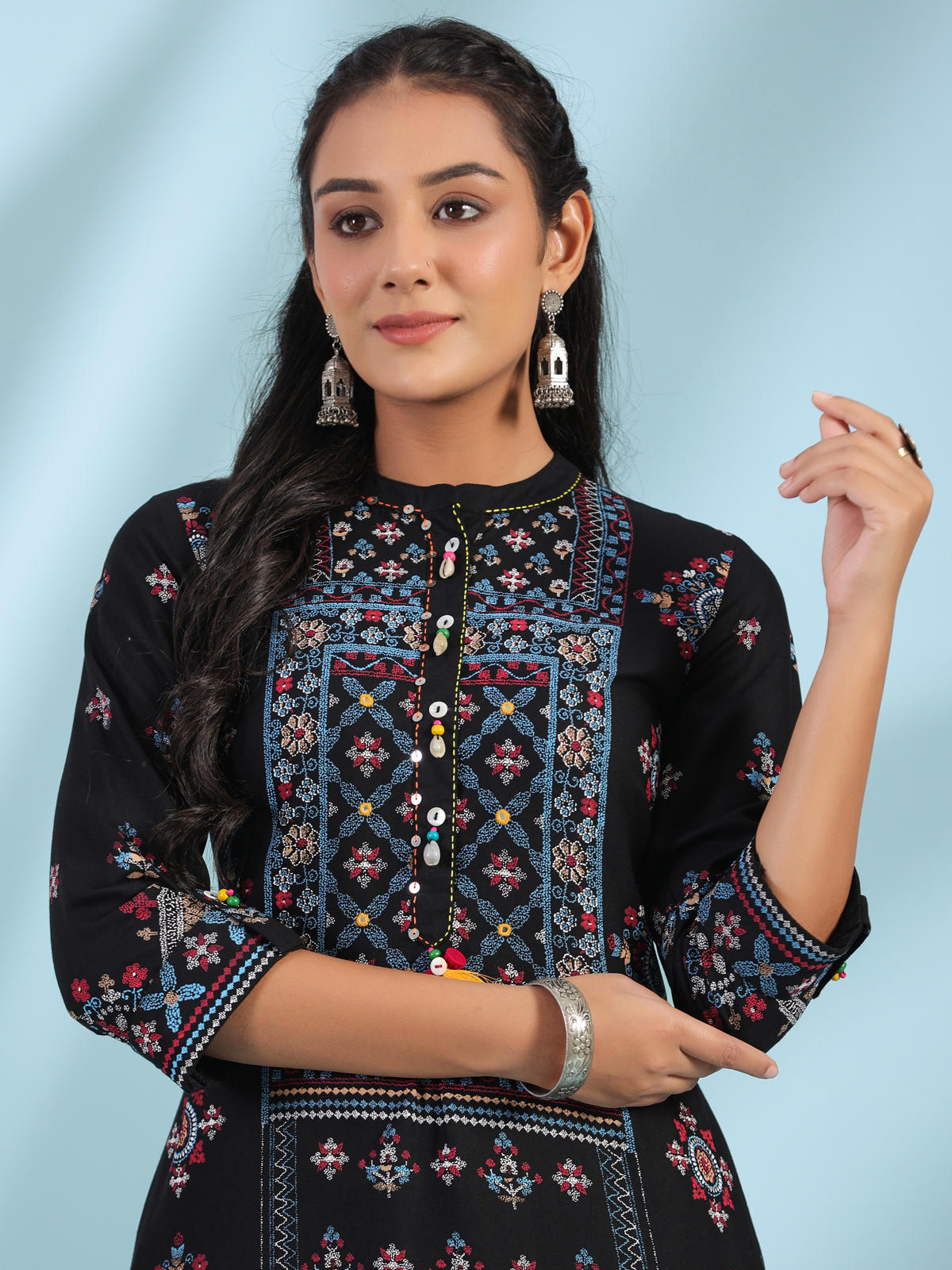 Juniper Women's Black Ethnic Motif Printed Rayon Calf Length Straight Kurta With Kaudis Kantha Work & Sequins