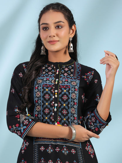 Juniper Women's Black Ethnic Motif Printed Rayon Calf Length Straight Kurta With Kaudis Kantha Work & Sequins