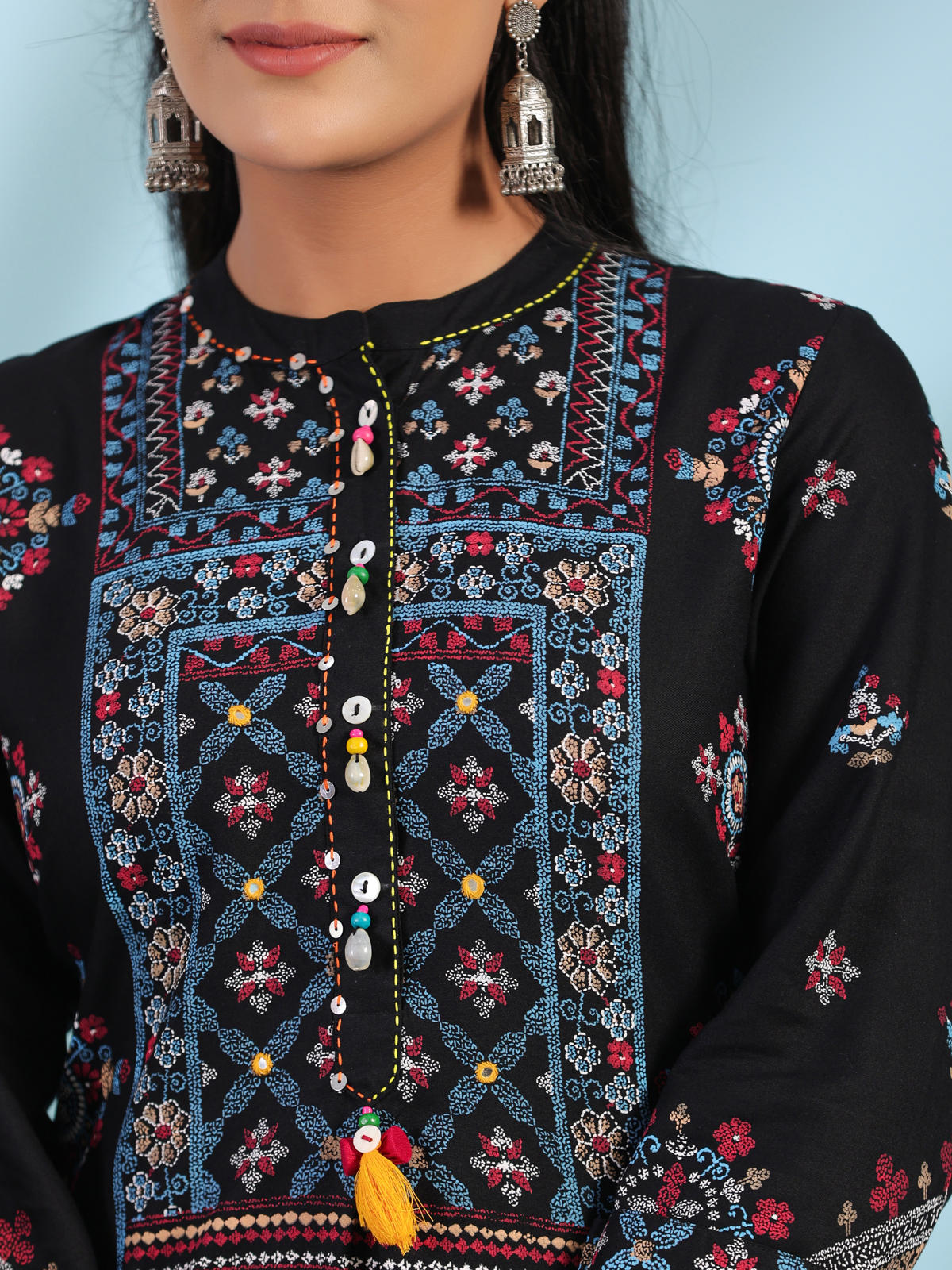 Juniper Women's Black Ethnic Motif Printed Rayon Calf Length Straight Kurta With Kaudis Kantha Work & Sequins