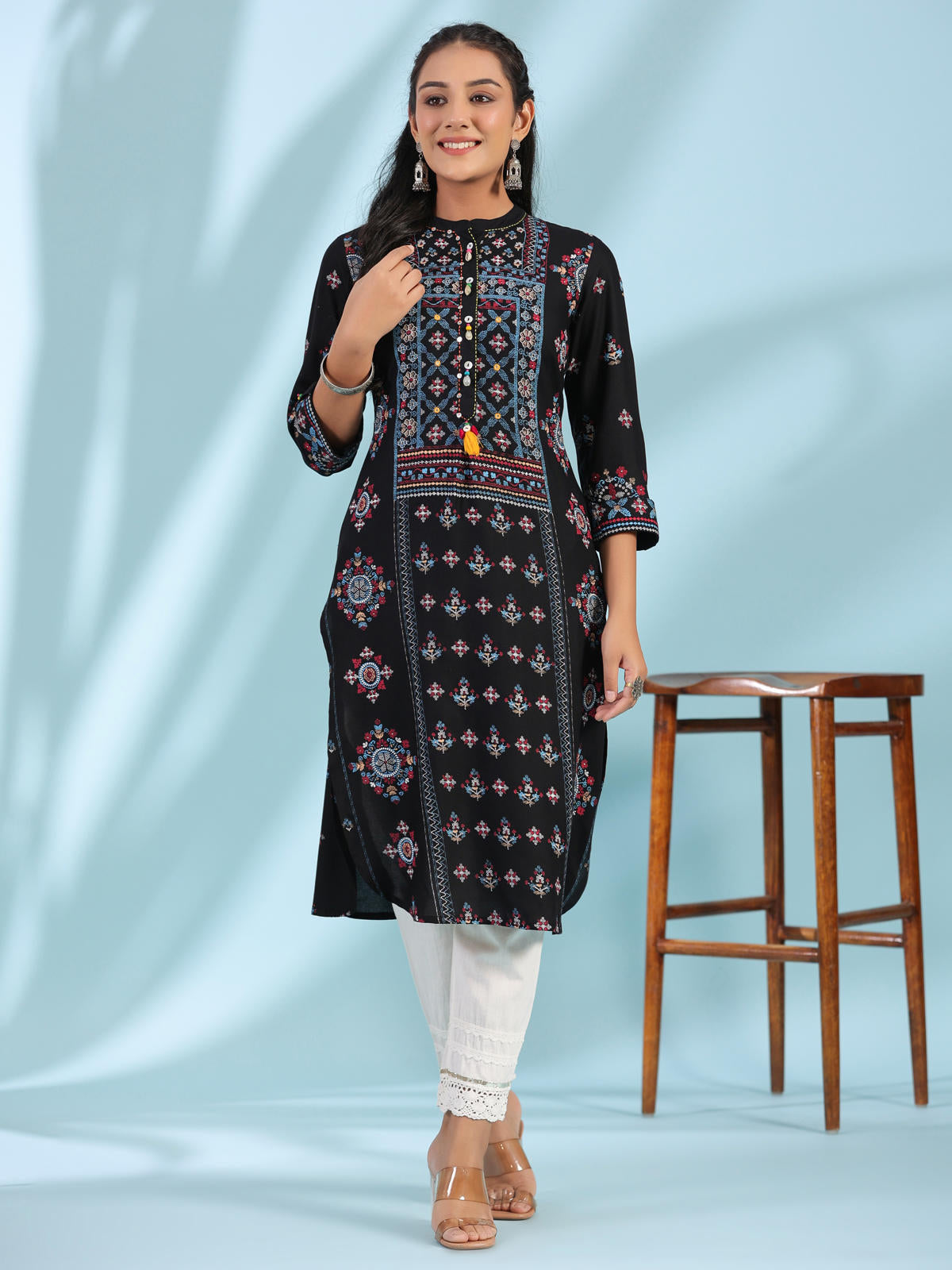 Juniper Women's Black Ethnic Motif Printed Rayon Calf Length Straight Kurta With Kaudis Kantha Work & Sequins
