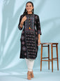 Juniper Women's Black Ethnic Motif Printed Rayon Calf Length Straight Kurta With Kaudis Kantha Work & Sequins