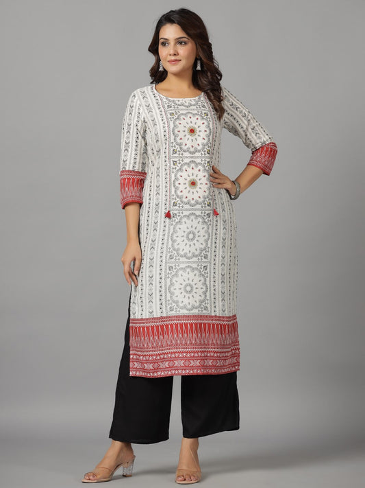 Juniper Women's White Ethnic Motif Printed Rayon Slub Kurta With Beads & Sequins