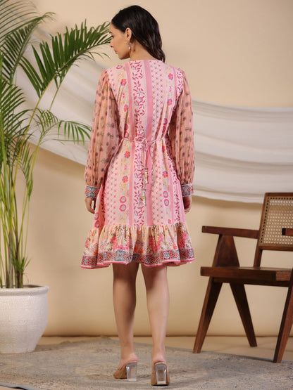 Juniper Women's Pink Wonderland Floral Printed Pure Cotton Midi Dress With Pintucks & 3D Handwork