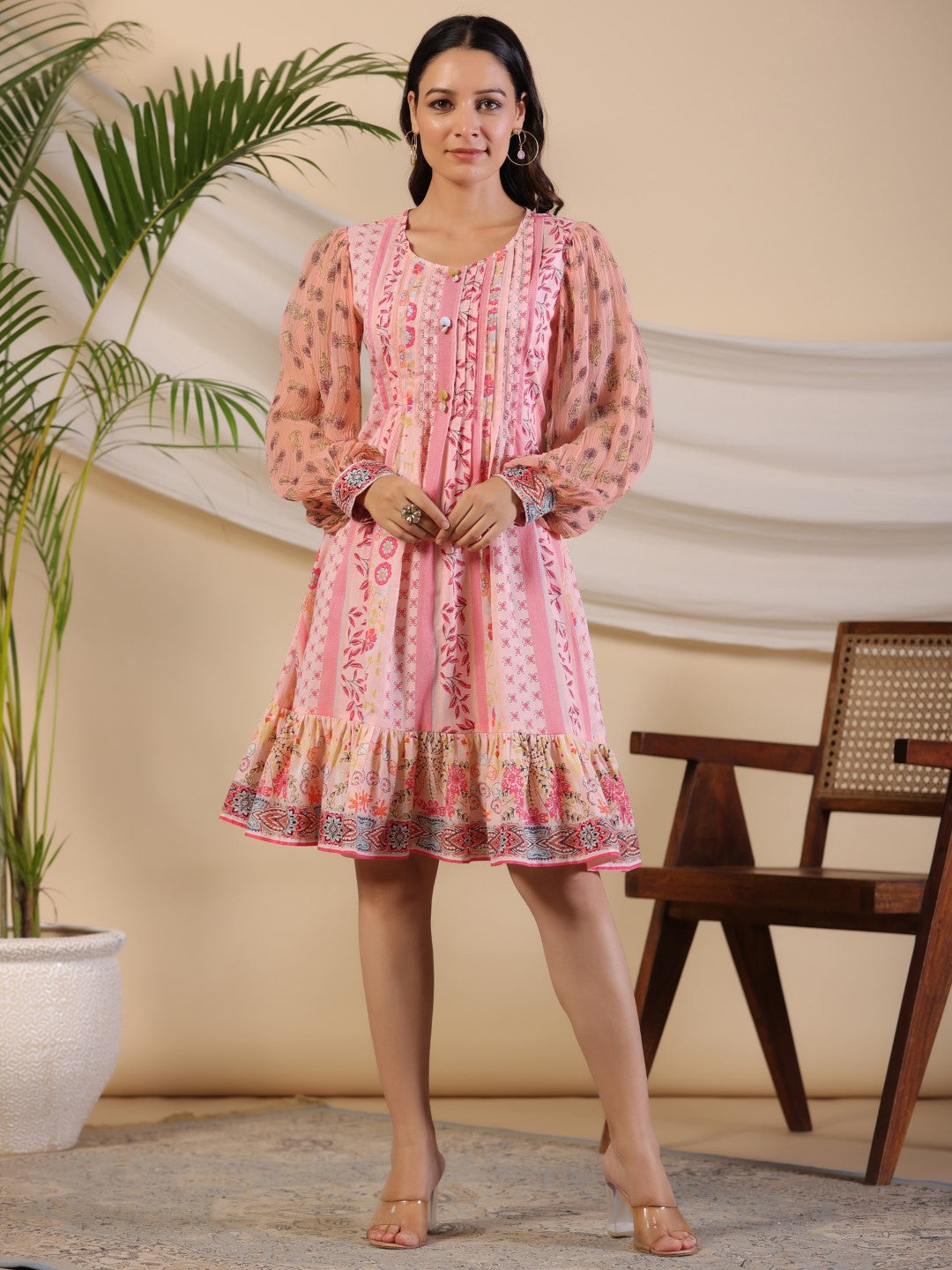 Juniper Women's Pink Wonderland Floral Printed Pure Cotton Midi Dress With Pintucks & 3D Handwork