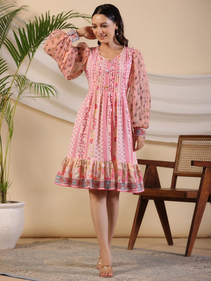 Juniper Women's Pink Wonderland Floral Printed Pure Cotton Midi Dress With Pintucks & 3D Handwork