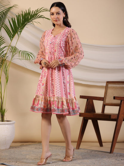Juniper Women's Pink Wonderland Floral Printed Pure Cotton Midi Dress With Pintucks & 3D Handwork