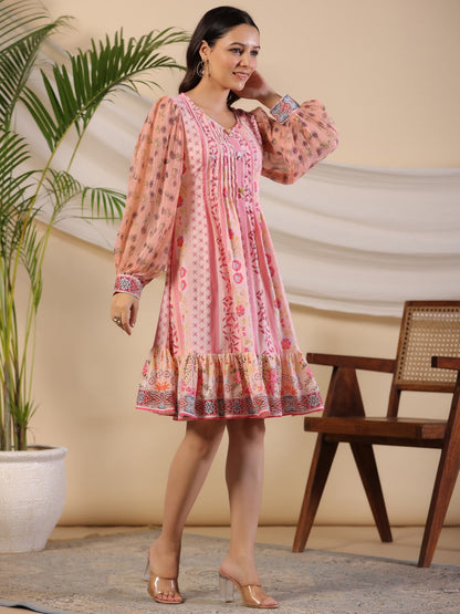 Juniper Women's Pink Wonderland Floral Printed Pure Cotton Midi Dress With Pintucks & 3D Handwork