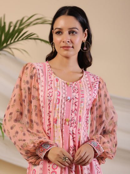 Juniper Women's Pink Wonderland Floral Printed Pure Cotton Midi Dress With Pintucks & 3D Handwork