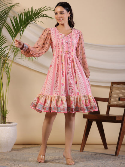 Juniper Women's Pink Wonderland Floral Printed Pure Cotton Midi Dress With Pintucks & 3D Handwork