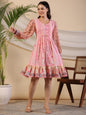 Juniper Women's Pink Wonderland Floral Printed Pure Cotton Midi Dress With Pintucks & 3D Handwork
