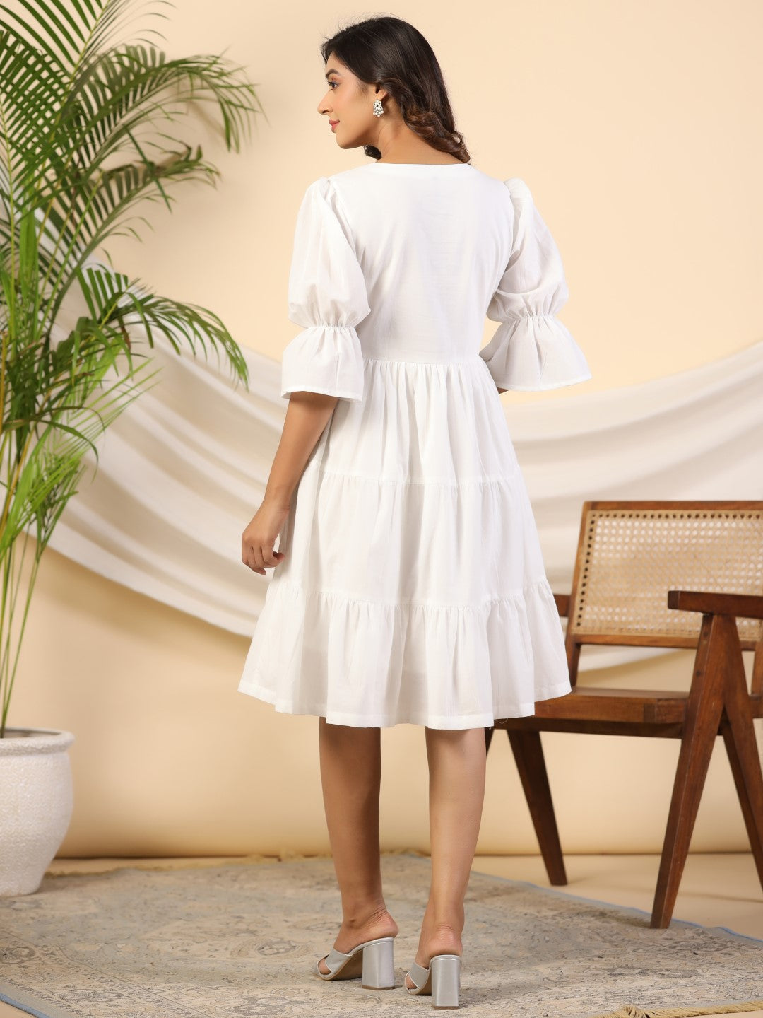 Juniper Women's White Pure Cotton Alia Cut Mirror Work Tiered Midi Dress With Lining