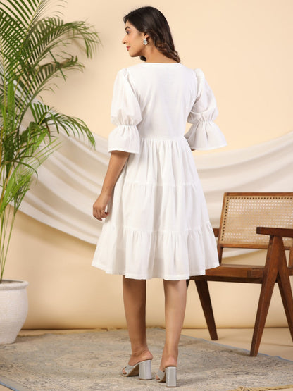 Juniper Women's White Pure Cotton Alia Cut Mirror Work Tiered Midi Dress With Lining