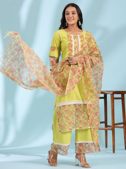 Juniper Women's The Madhubala Green Floral Print & Lacy Pure Cotton Kurta&Palazzo Set With Kota Doria Print Dupatta