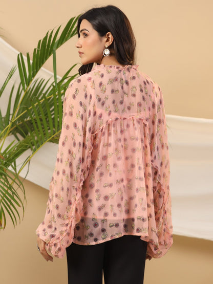 Juniper Peach Floral Printed Chiffon Tunic With Inner