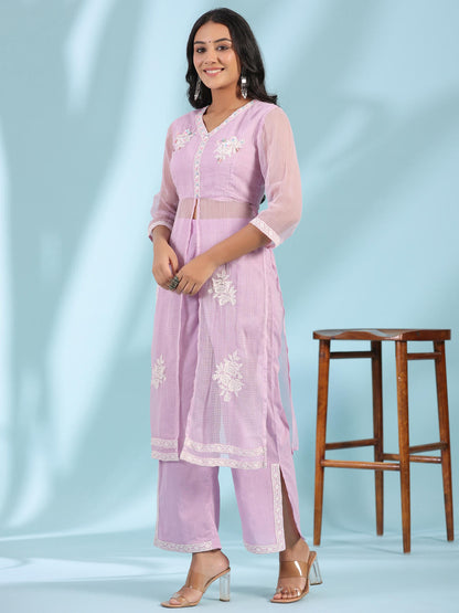 Juniper Women's Lilac Floral Printed pure Cotton Kurta Palazzos & Kota Doria Dupatta With Beads Work
