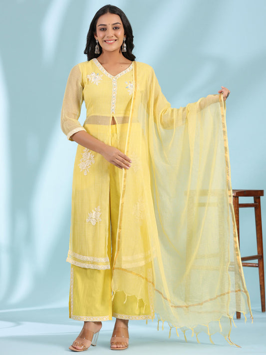 Juniper Women's Yellow Floral Printed pure Cotton Kurta Palazzos & Kota Doria Dupatta With Beads Work