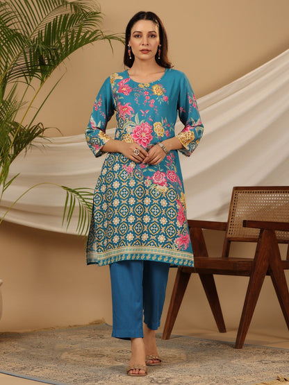 Juniper Blue Floral Printed Rayon Kurta Pants & Dupatta Set With Sequins Work