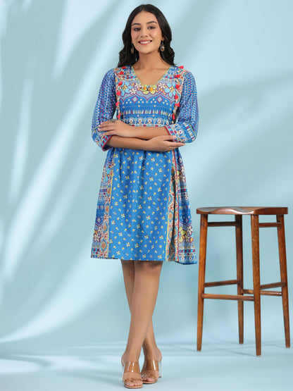 Juniper Women's Blue Floral Printed Pure Cotton Dress With Beads & sequins Work