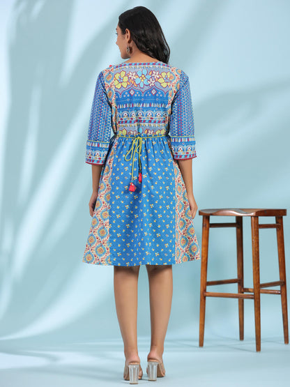 Juniper Women's Blue Floral Printed Pure Cotton Dress With Beads & sequins Work