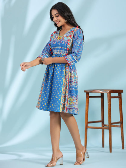 Juniper Women's Blue Floral Printed Pure Cotton Dress With Beads & sequins Work