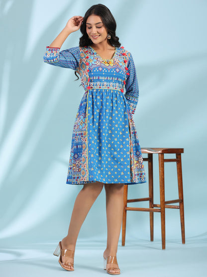 Juniper Women's Blue Floral Printed Pure Cotton Dress With Beads & sequins Work
