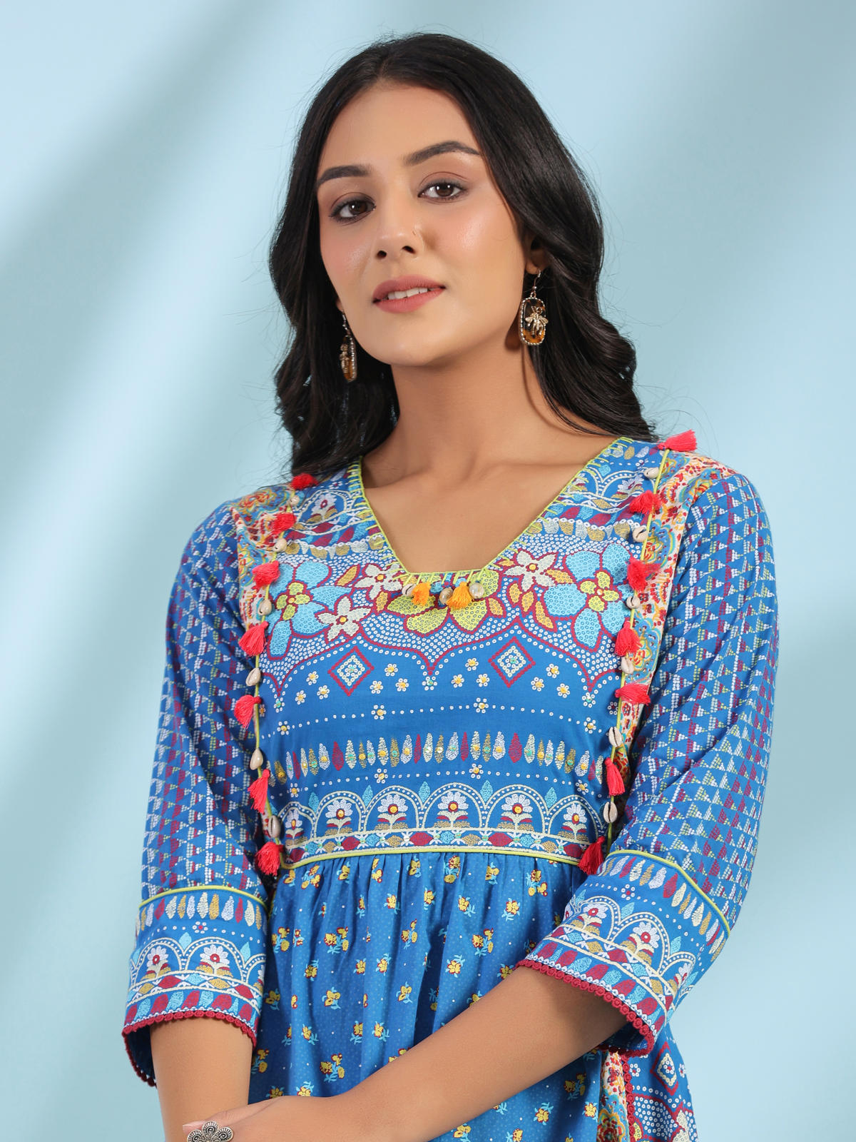 Juniper Women's Blue Floral Printed Pure Cotton Dress With Beads & sequins Work