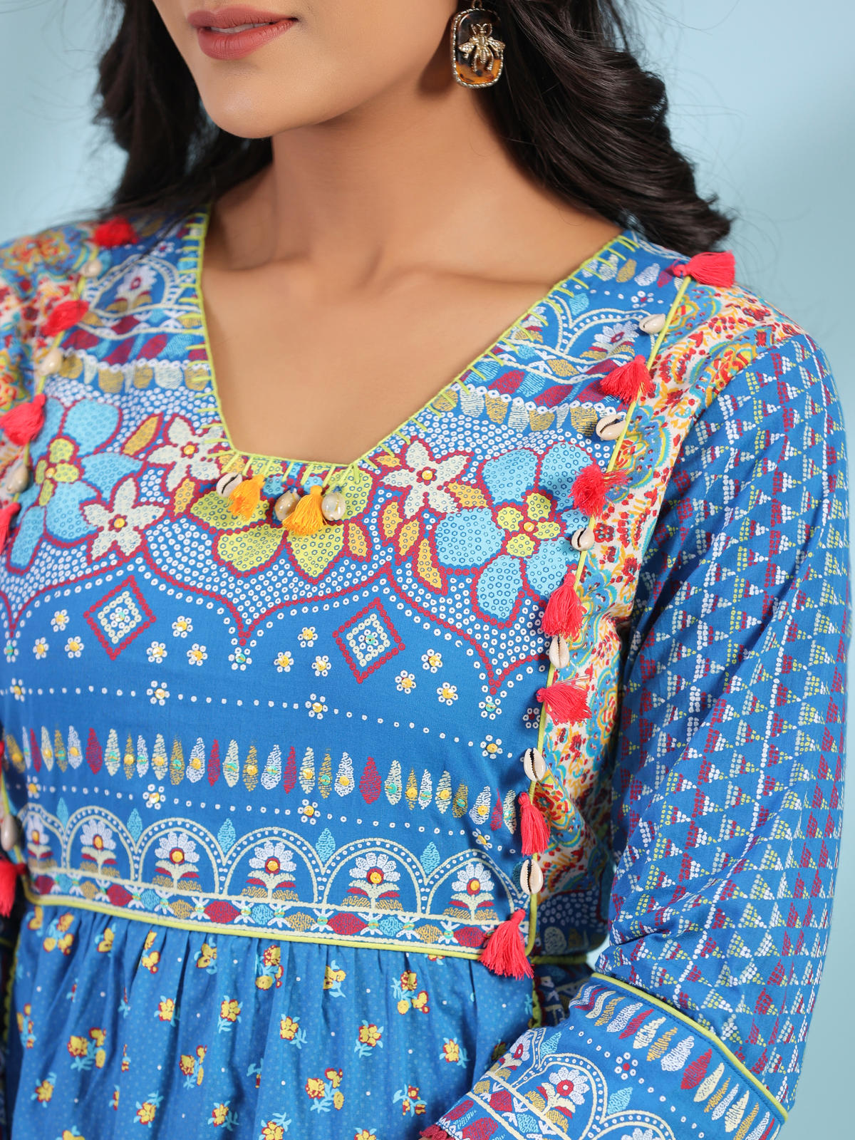 Juniper Women's Blue Floral Printed Pure Cotton Dress With Beads & sequins Work